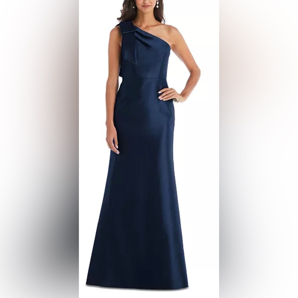 NWOT Alfred Sung Size 16 Bow-Trim One-Shoulder Satin Gown Midnight